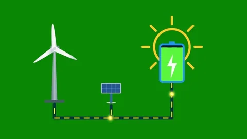 Renewable energy battery charging system with wind turbine and solar animation Видео 334737269