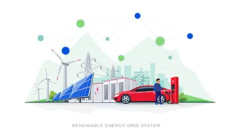 Renewable Energy Battery Storage Grid System with Electric Car Charging Stock Illustration