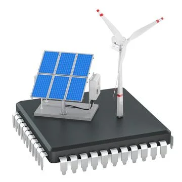 Renewable energy chip with solar panels and wind turbine. 3D rendering Stock Illustration