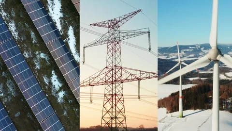 Renewable energy collage with solar panels, wind turbines, and power lines in Stock Footage 342930420