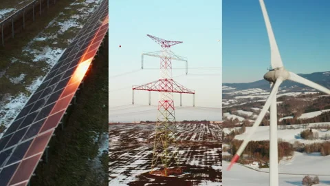 Renewable energy collage with solar panels, power transmission lines and wind Stock Footage 342930752
