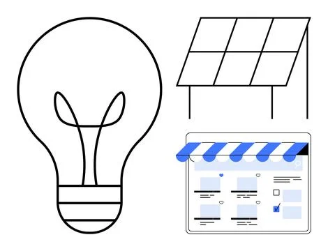 Renewable energy, e-commerce solutions, technology innovation, sustainability Stock Illustration