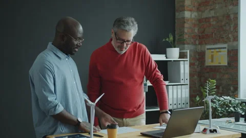 Renewable Energy Engineer Discussing Project with Senior Colleague in Office Stock Footage 270556479