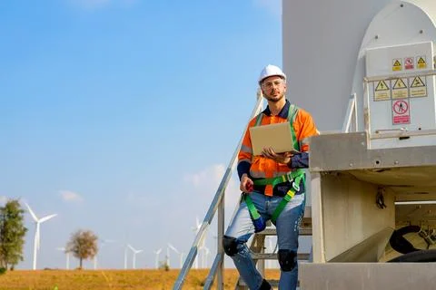 Renewable energy engineer working on wind turbine Stock Photos