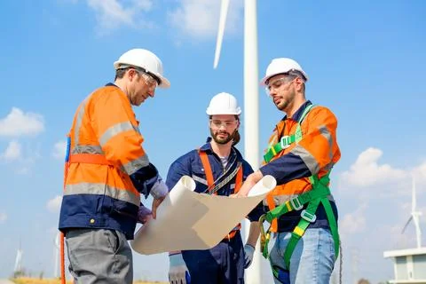 Renewable energy engineer working on wind turbine Stock Photos