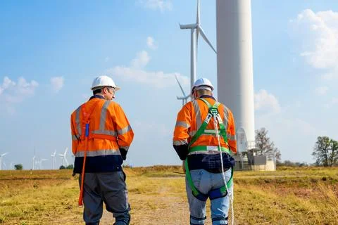 Renewable energy engineer working on wind turbine Stock Photos