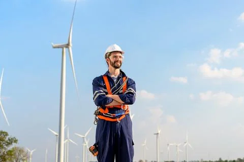 Renewable energy engineer working on wind turbine 스톡 사진