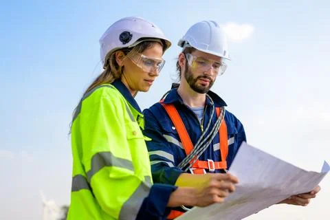 Renewable energy engineer working on wind turbine Foto stock