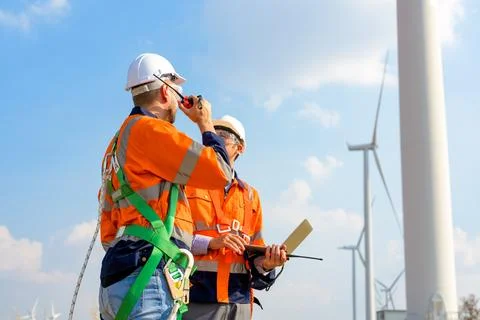 Renewable energy engineer working on wind turbine Stock Photos