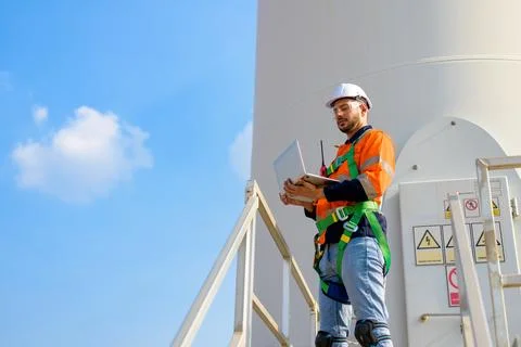 Renewable energy engineer working on wind turbine 스톡 사진