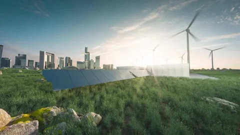 Renewable Energy Future Solar, Wind, and Storage in Cities Stock Footage 304572229