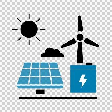 Renewable energy icon with solar panel, wind turbine, and battery storage system Stock Illustration