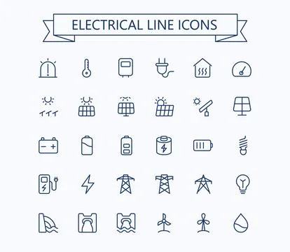 Renewable energy linear thin icons. Solar energy line icons. Editable stroke. Stock Illustration