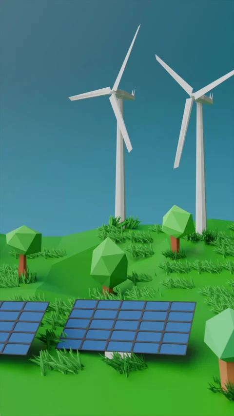 Renewable energy, looping animation of wind farm mills turbines, solar panels Stock Footage 309795013