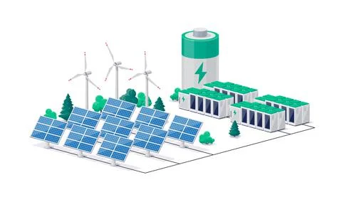 Renewable Energy Power Station with Solar Wind and Battery Storage Stock Illustration