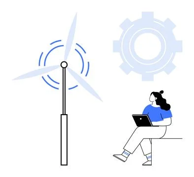 Renewable energy professional analyzing data near wind turbine and gear icon Stock Illustration