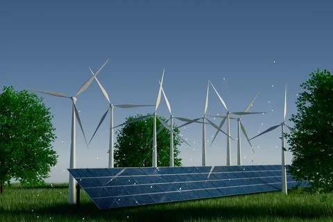 Renewable energy scene featuring wind turbines and solar panels Illustrazione stock