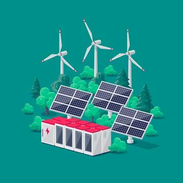 Renewable Energy Smart Grid Power Station with Solar Wind and Battery Storage Stock Illustration