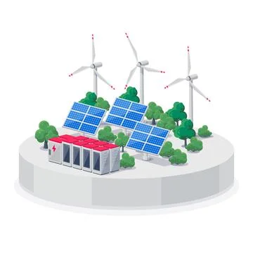 Renewable Energy Smart Grid Power Station with Solar Wind and Battery Storage Stock Illustration