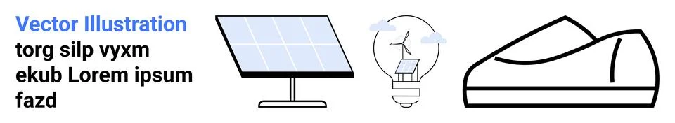 Renewable Energy Solar Panel, Innovative Light Bulb, and Modern Footwear Desi Stock Illustration