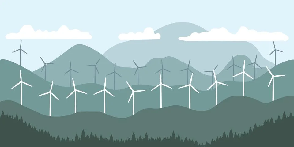 Renewable energy source - wind turbine landscape vector illustration. Stock Illustration