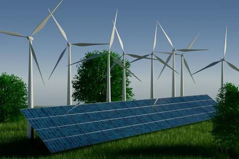 Renewable energy sources featuring wind turbines and solar panels Illustrazione stock