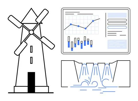Renewable Energy Sources Windmill, Data Analysis, and Hydro Power Illustratio Stock Illustration