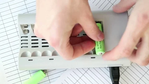 Renewable Energy Storage. Hands close-up top. Lit red LEDs. Speed-up view. Stock Footage 72452737