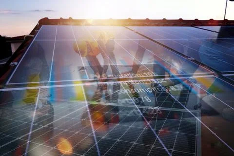 Renewable energy system with solar panel on the roof Stock Photos