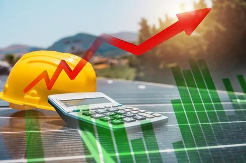 Renewable energy system with solar panel on the roof with stats and calculato Stock-Fotos