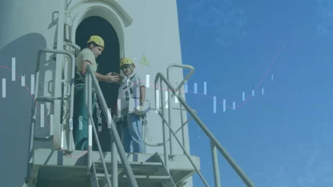 Renewable energy technicians inspecting tower platform, overlaying safety data Stock Footage 307857680