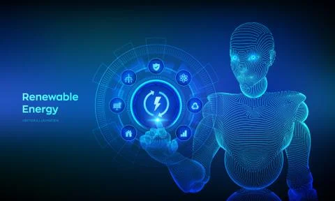 Renewable energy technology concept on virtual screen. Energy sources for ren Stock Illustration