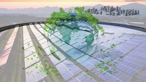 Renewable energy theme with solar panels, wind turbines, and a green globe. Stock Footage 336479276