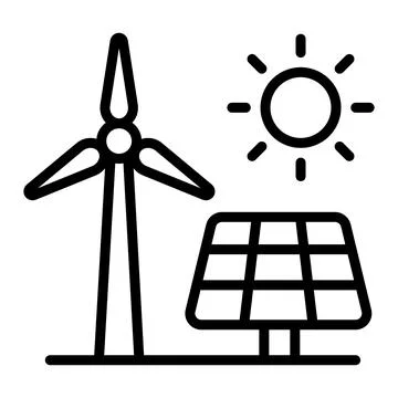 Renewable energy types line icon. Solar panel and wind turbine linear style.. Иллюстрация