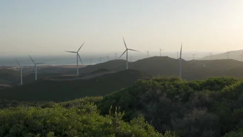 Renewable Energy wind farm Wind Turbines. Strait of Gibraltar Stock Footage 149194842