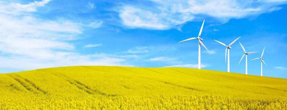 Renewable energy with wind turbines. Wind turbine in hills. Stock-Fotos