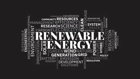 Renewable energy word cloud typography motion graphic animation on black ba.. Stock Footage 343780156