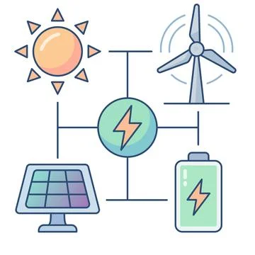 Renewable green energy smart grid with solar and wind power flat icon. Stock Illustration