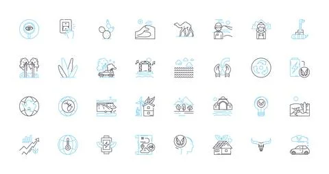 Renewable linear icons set. Solar, Wind, Hydro, Geothermal, Biomass, Tidal 스톡 일러스트