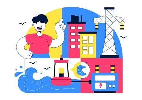 Renewable Ocean Wave Energy Technology Vector Illustration Featuring Sustai.. Stock Illustration