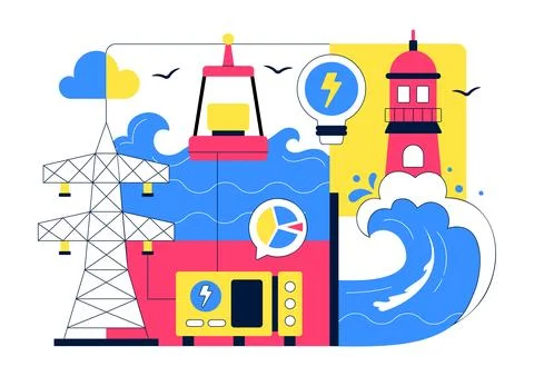 Renewable Ocean Wave Energy Technology Vector Illustration Featuring Sustai.. Illustrazione stock