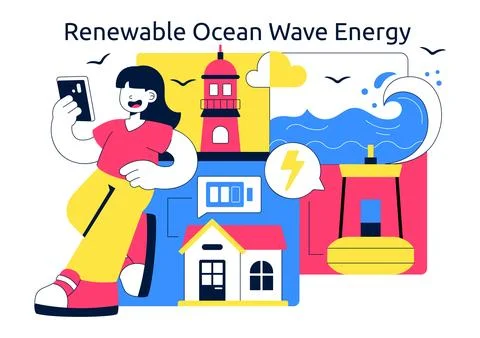 Renewable Ocean Wave Energy Technology Vector Illustration Featuring Sustai.. Illustrazione stock