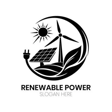 Renewable Power Logo Design with Wind Turbine Solar Panel Leaf Stock Illustration