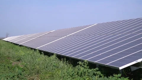 Renewable power source, panoramic view of the solar panels in rows Stock Footage 158686935