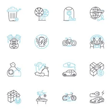 Renewable resourcefulness linear icons set. Solar, Wind, Hydro, Geothermal Stock Illustration