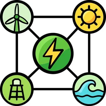 Renewable smart energy grid network connecting clean sources Stock Illustration