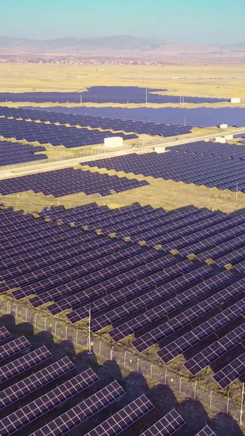 Renewable source of energy, valley with solar plant, aerial view, social media Stock Footage 283344872