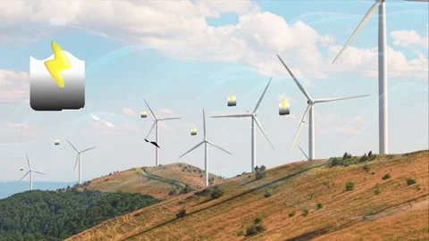 Renewable wind energy animation with battery symbol filling up during power Stock Footage 322217523