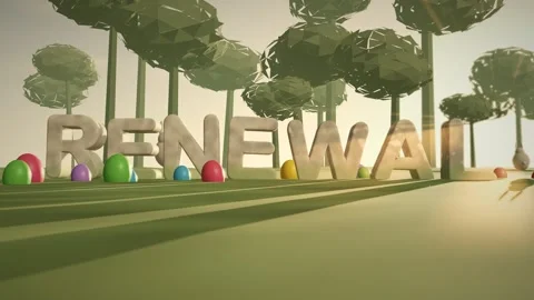 Renewal Pale Stone Letters on a Spring Meadow at Sunrise with Painted Eggs and Stock Footage 342367679