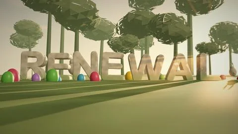Renewal Stone 3D Text in a Spring Meadow for Easter Stock Illustration